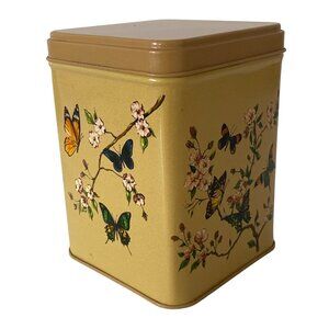 JL Clark Metal Tin Canister Square Yellow Floral Butterfly Trinket Jewelry Candy